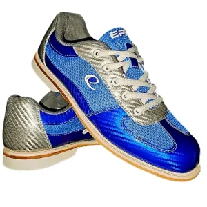 Carbon blue and silver universal bowling shoes featuring Blucher construction, glow-under-blacklight accents, universal slide soles, and non-marking rubber heels for comfortable bowling performance.