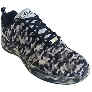 Grey camouflage men's bowling shoes with a breathable knit upper, lightweight CMEVA outsole, B3 microfiber slide sole, and athletic design for right-handed bowlers.