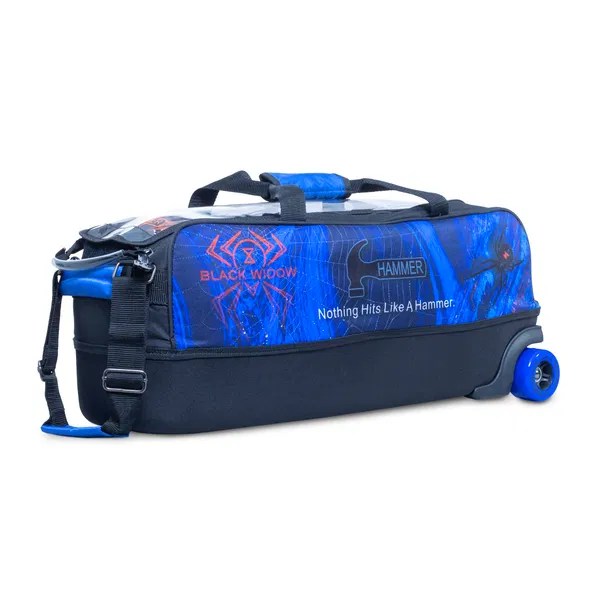 hammer 3 ball triple tote black widow blue bowling bag Hammer Black Widow Triple Tote Blue 3 ball bowling bag with transparent top view, molded EVA base, skateboard-style wheels, adjustable pull strap, and durable 600D fabric.