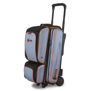 Hammer Gauntlet Triple Roller Grey bowling bag with three ball capacity, molded ball holders, 5-inch wheels, shoe compartment, and accessory storage.
